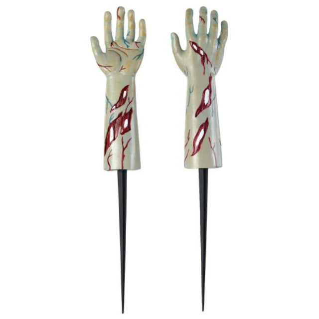 Lifelike 61cm Zombie Stake Hands for eerie Halloween decor, perfect for gardens and themed events.