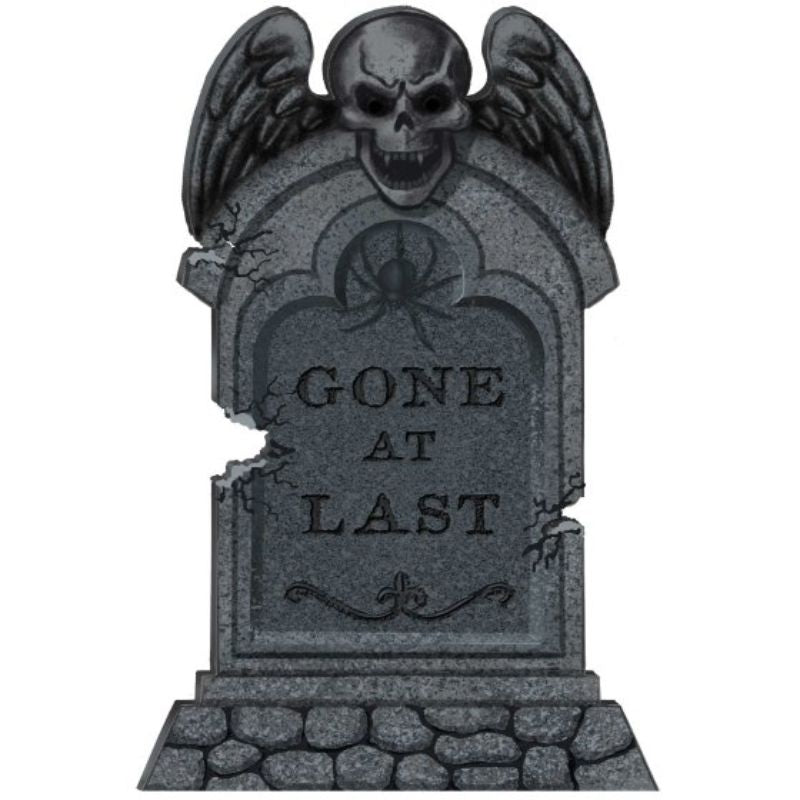 55cm Gone At Last Tombstone Styrofoam Decoration, perfect for spooky Halloween setups with included stakes for easy display.
