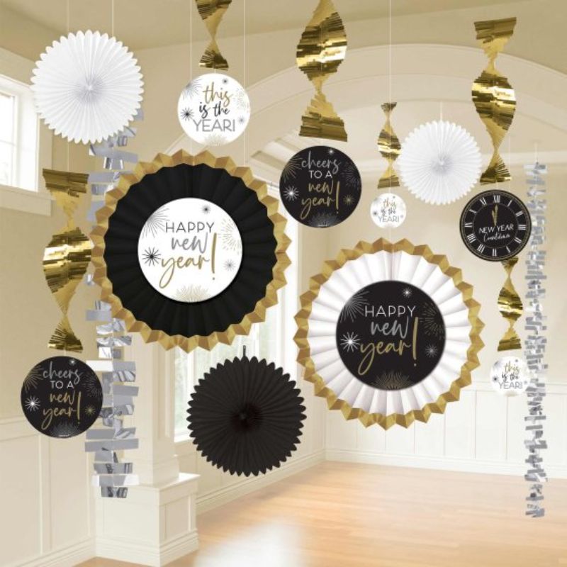 Happy New Year Decorating Kit in black, silver, and gold with fans, garlands, and swirls for festive celebrations