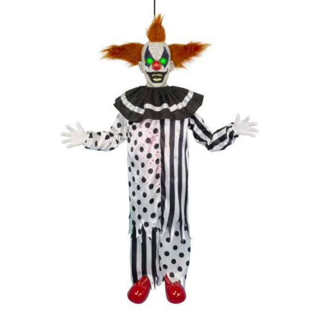 Spooky animatronic clown decoration, 4.4ft tall, shakes and makes sounds, perfect for Halloween celebrations.