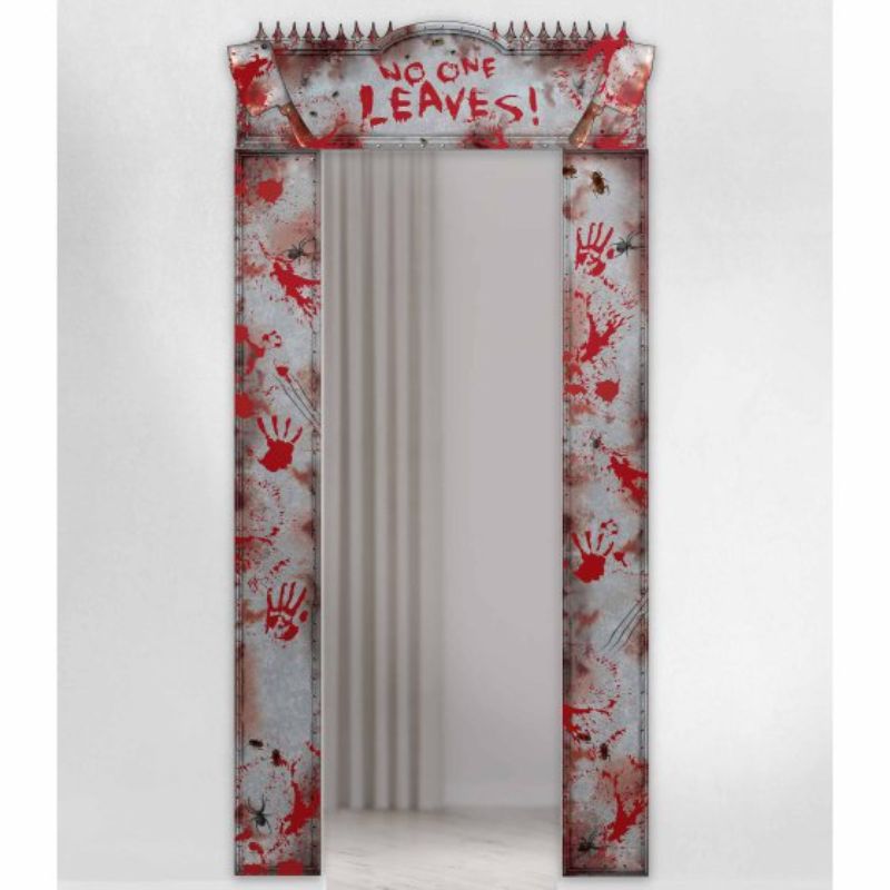 Eerie Bloody Doorway Decoration, 108cm x 214cm, perfect for Halloween and haunted house themes.