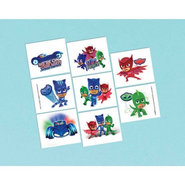 Pack of 8 PJ Masks temporary tattoos featuring characters from the popular kids' series.