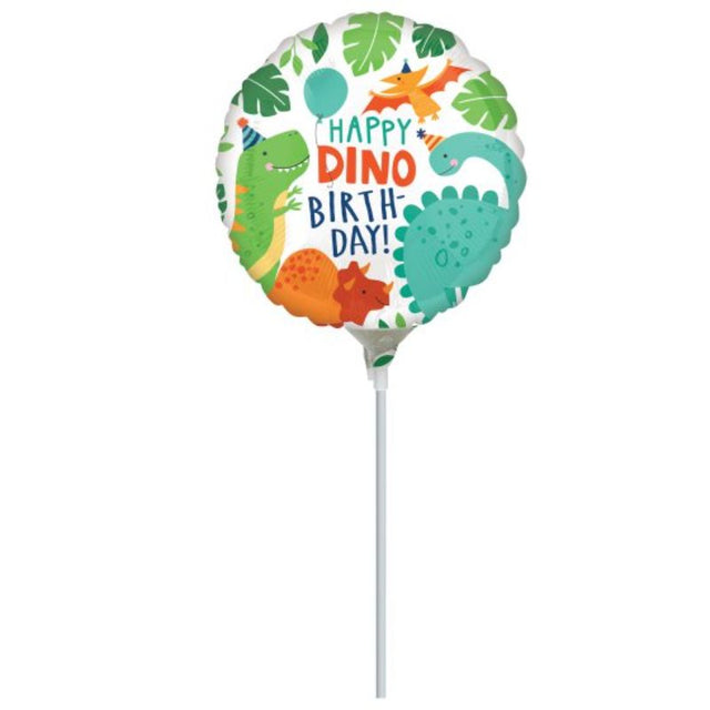 Vibrant 22cm Happy Dino birthday foil balloon with friendly dinosaur design, perfect for dino-themed celebrations.