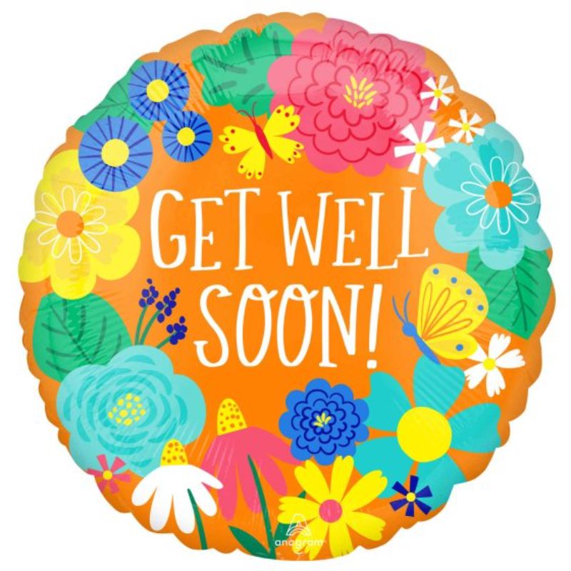 Vibrant 45cm orange floral get well soon balloon, perfect for sending cheer and warmth during recovery.