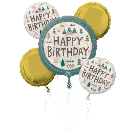 Vibrant Bouquet Wilderness Happy Birthday balloons, pack of 5, with unique shapes and colors for festive celebrations.