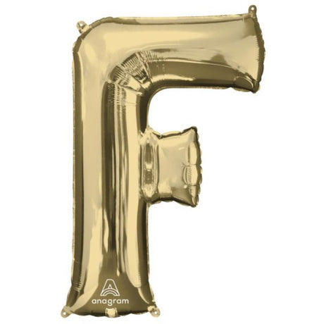 White gold SuperShape letter F 86cm self-sealing foil balloon, perfect for celebrations and events.
