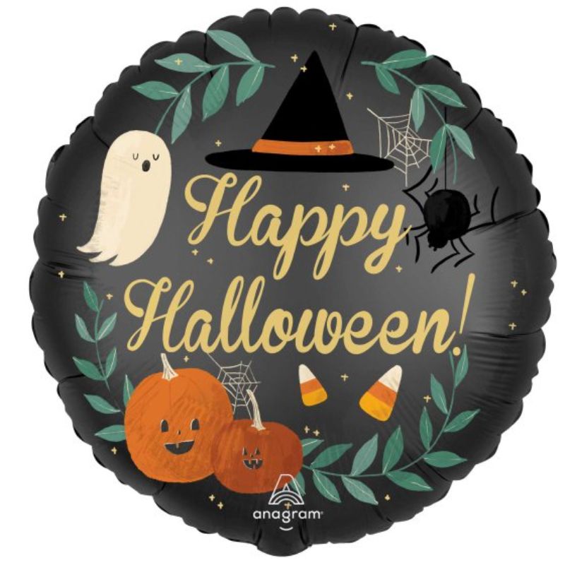 45cm XL satin balloon featuring nocturnal designs for a spooky Halloween celebration.