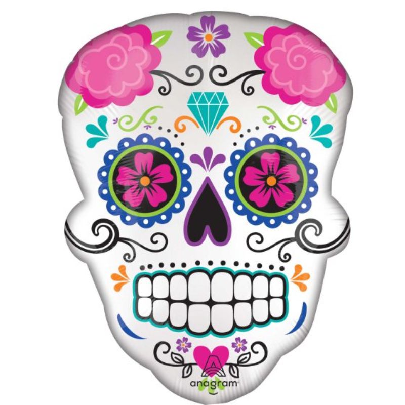 Vibrant 45cm x 60cm self-sealing foil balloon featuring a colorful sugar skull design, perfect for celebrations.