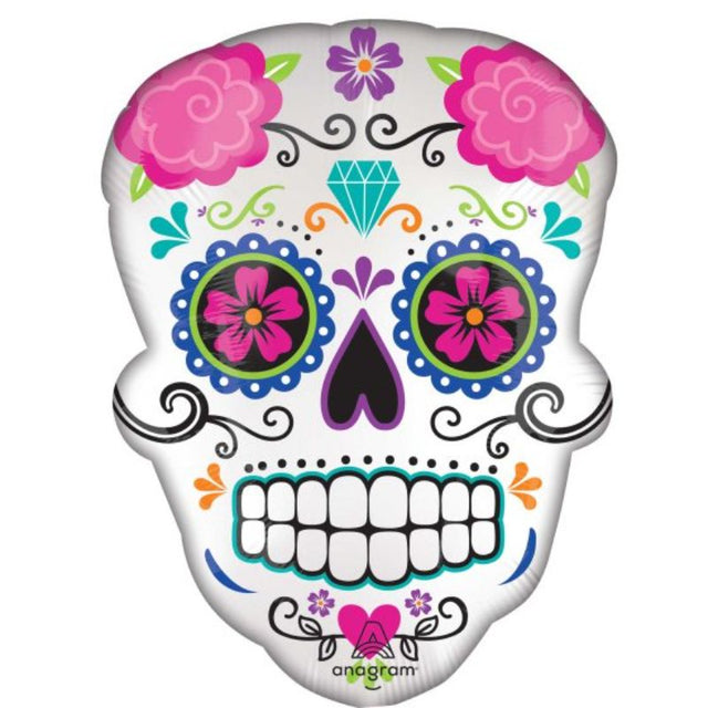 Vibrant 45cm x 60cm self-sealing foil balloon featuring a colorful sugar skull design, perfect for celebrations.