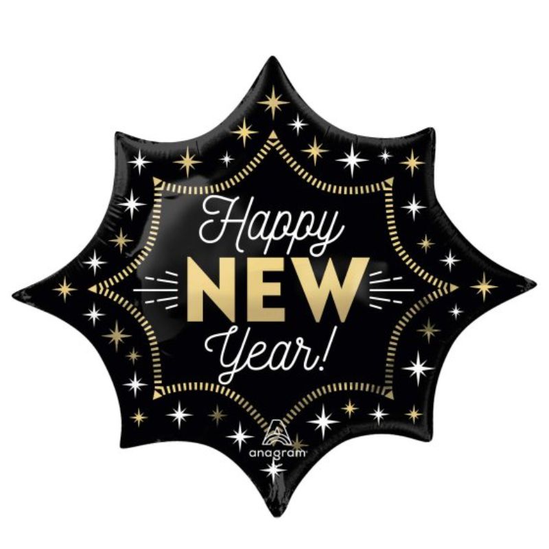 Glamorous SuperShape XL Happy New Year foil balloon, 88cm x 73cm, perfect for festive celebrations and decorations.