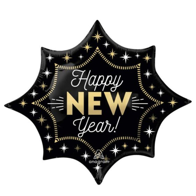 Glamorous SuperShape XL Happy New Year foil balloon, 88cm x 73cm, perfect for festive celebrations and decorations.