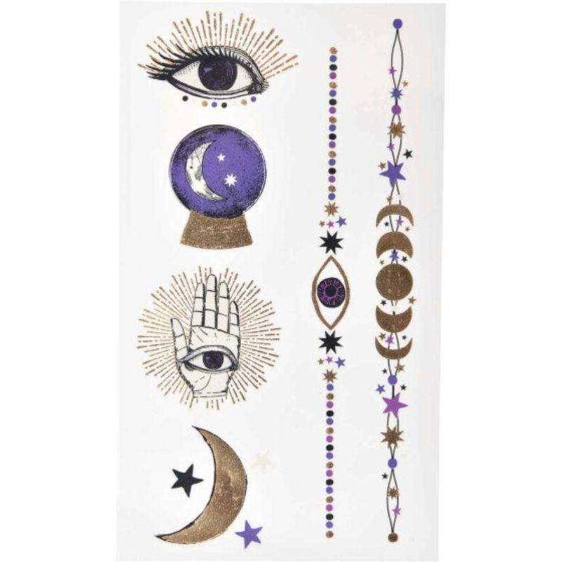A pack of 12 enchanting temporary tattoos featuring fortune-telling designs like crystal balls and tarot cards.