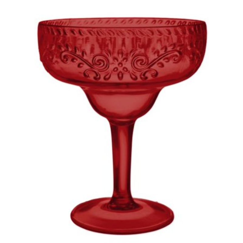 Dark red floral debossed margarita glass, 561ml, stylish and reusable for elegant entertaining.