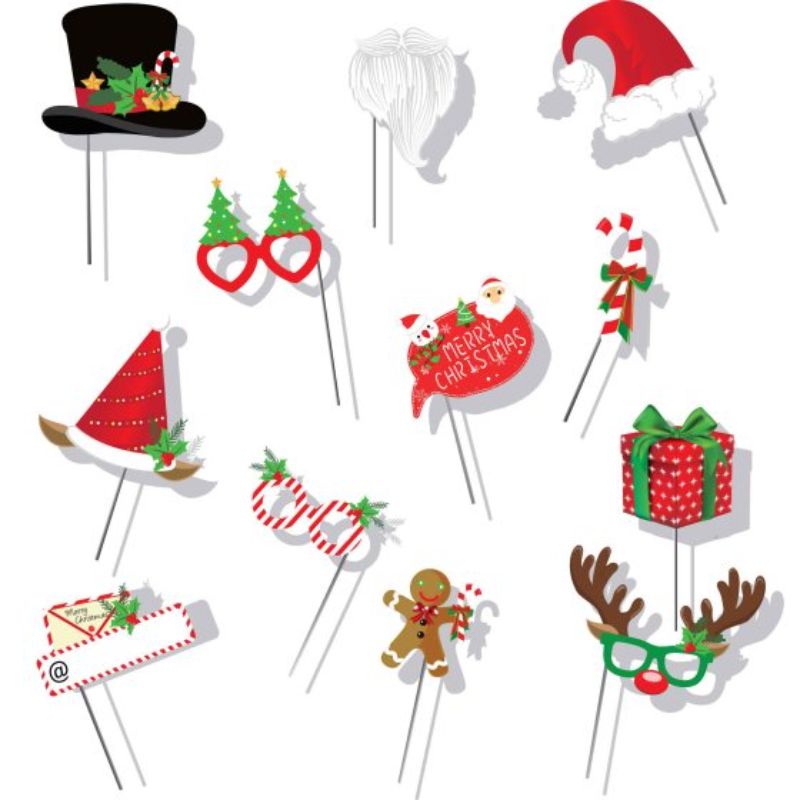 Pack of 12 Christmas photo props with fun designs like Santa hats and reindeer antlers for festive photo sessions.