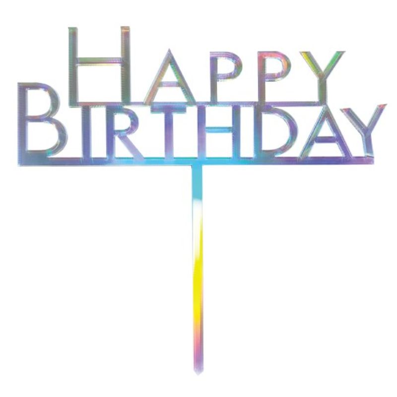 Colorful acrylic cake topper featuring 'Happy Birthday' in a rainbow design.