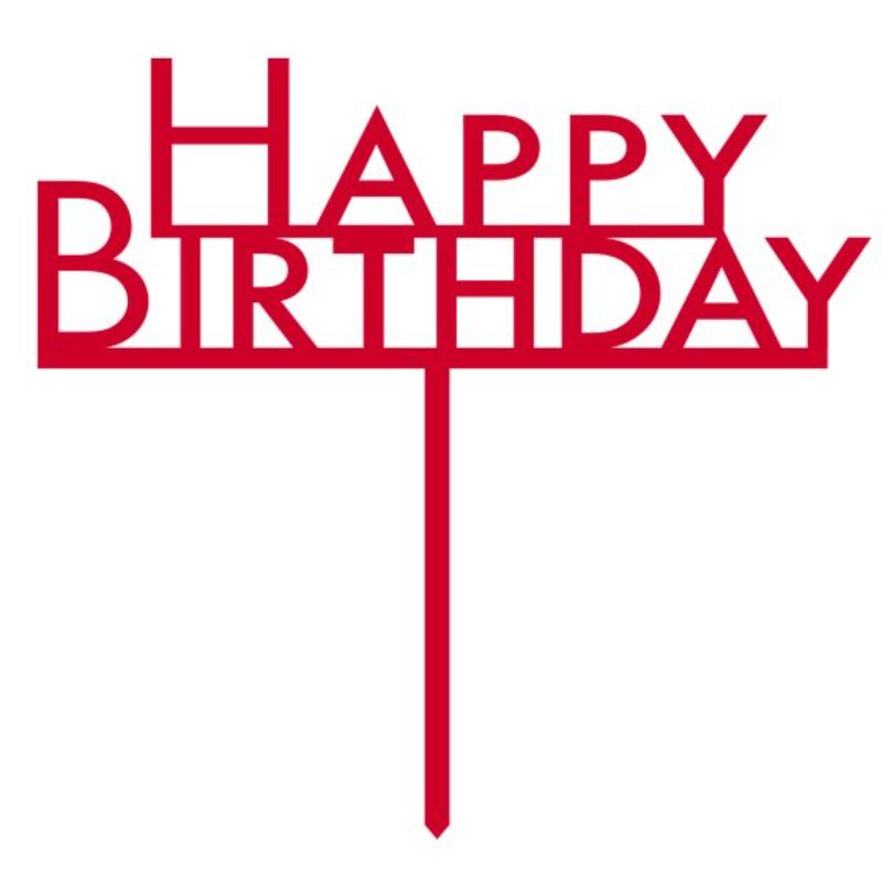 Vibrant red acrylic Happy Birthday cake topper adding charm and color to any birthday celebration.