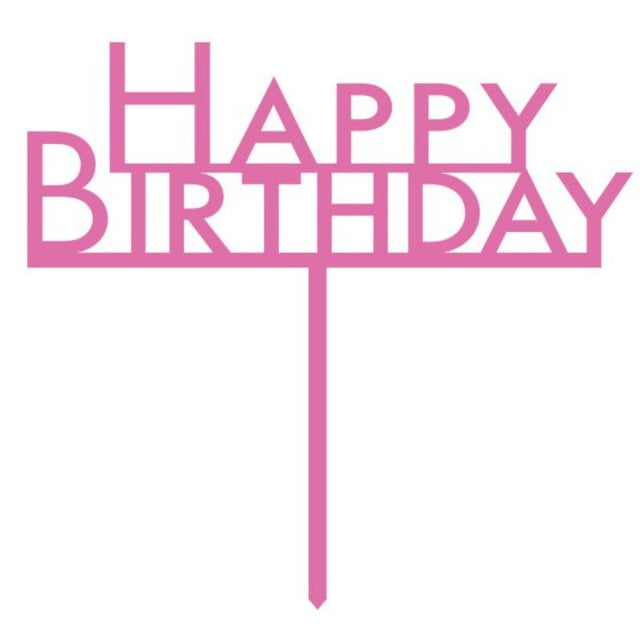 Bright pink acrylic cake topper with 'Happy Birthday' for festive celebrations, lightweight and glossy finish.