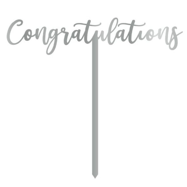 Elegant silver acrylic cake topper with 'Congratulations' text, perfect for birthdays and celebrations.
