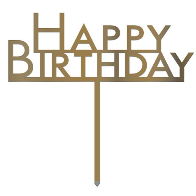 Gold acrylic 'Happy Birthday' cake topper enhancing any birthday cake with elegance and sparkle.