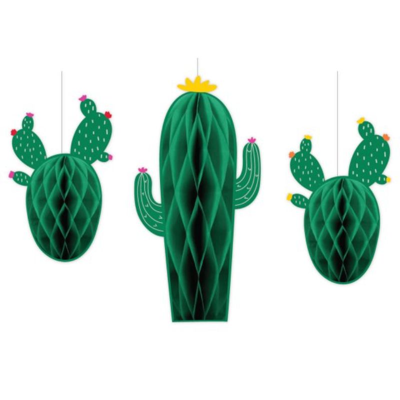 Colorful honeycomb decorations featuring cacti, perfect for fiesta celebrations, in a pack of 3 assorted sizes.