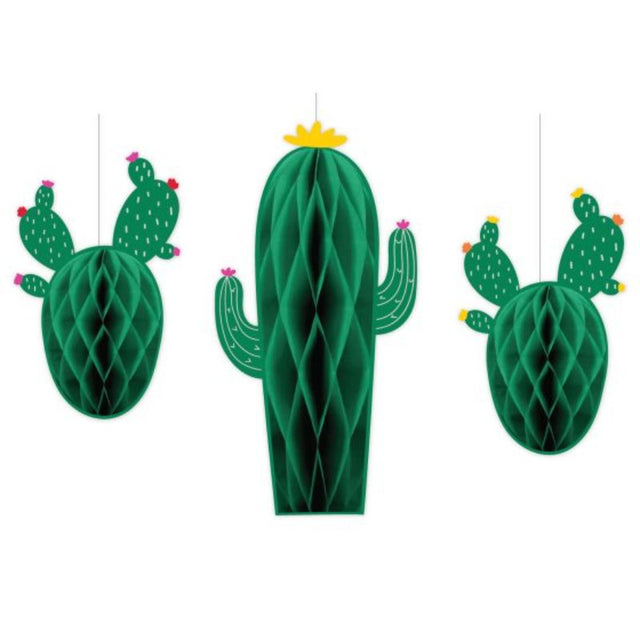 Colorful honeycomb decorations featuring cacti, perfect for fiesta celebrations, in a pack of 3 assorted sizes.
