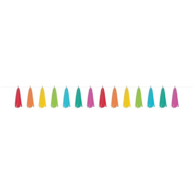 Vibrant Fiesta Tassel Garland in multiple colors, perfect for parties and events, made from durable tissue paper.