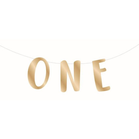 Gold 'ONE' letter banner for 1st birthday celebrations, made of cardboard, measuring 2 meters long.