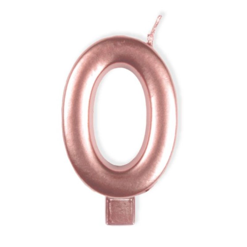 Elegant rose gold numeral candle #0, 8cm tall, perfect for birthdays and anniversaries, adds glamour to cake decor.