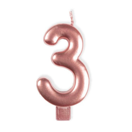 Rose gold numeral candle in the shape of '3', standing 8cm tall, perfect for celebrations and cake decorations.