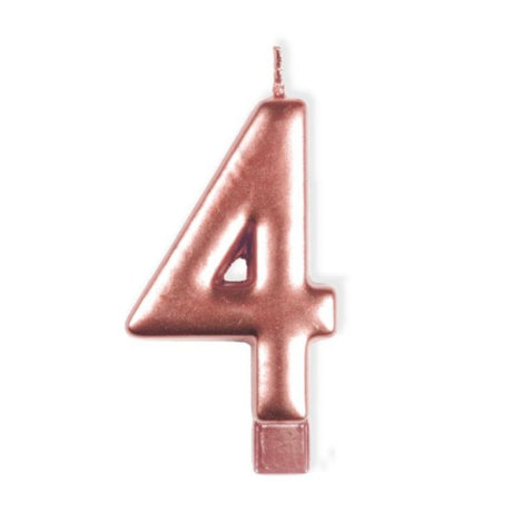 Rose gold numeral candle #4, 8cm tall, perfect for birthdays and special occasions, adds elegance to cake decor.