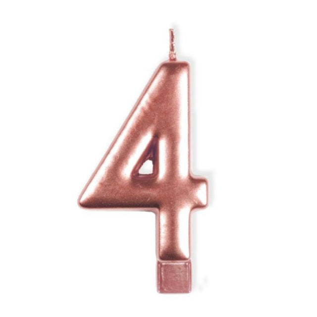 Rose gold numeral candle #4, 8cm tall, perfect for birthdays and special occasions, adds elegance to cake decor.