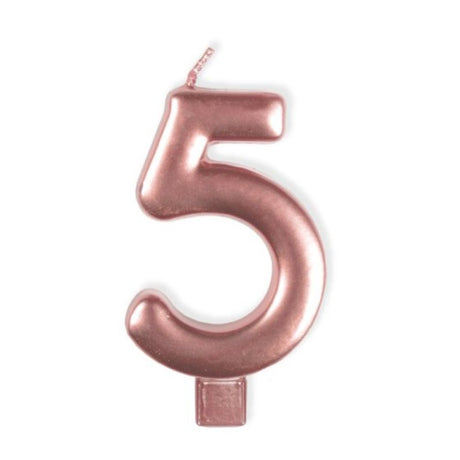 Elegant rose gold #5 candle, 8cm tall, perfect for birthdays and celebrations, adds a stylish touch to cakes.