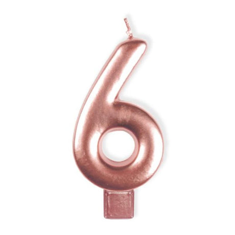 Rose gold numeral candle shaped as the number 6, measuring 8cm, perfect for birthdays or celebrations.