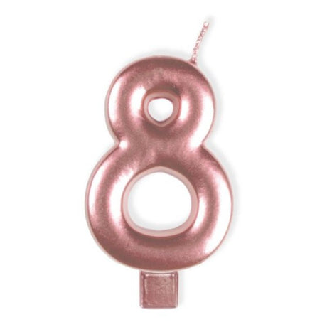 Rose gold #8 numeral candle, 8cm, perfect for birthdays and celebrations, adds elegance to any cake or dessert table.