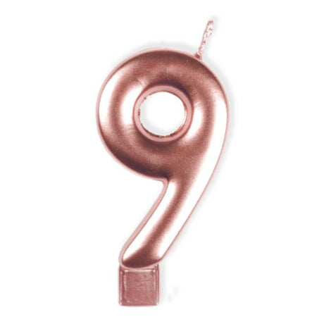 Elegant rose gold numeral candle #9, 8 cm tall, perfect for birthdays and celebrations, enhances any cake décor.