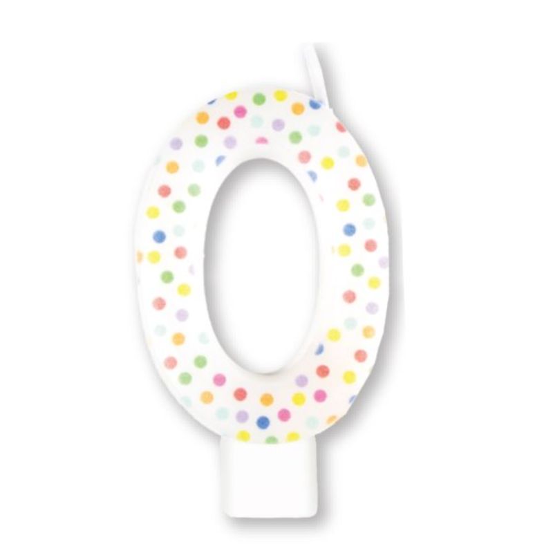 Vibrant #0 candle with rainbow dots, perfect for birthdays and celebrations, measuring 8cm and designed to elevate cake decor.