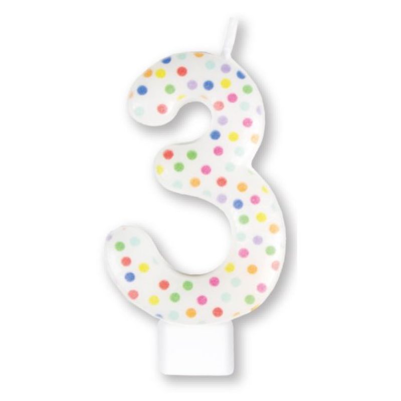 Colorful rainbow dot numeral candle shaped like the number 3, measuring 8cm tall.