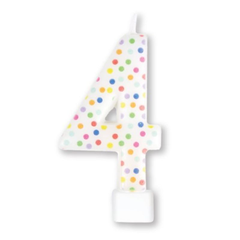 Vibrant 8cm numeral candle #4 with rainbow dots, perfect for birthdays and celebrations, adding charm and color to cakes.