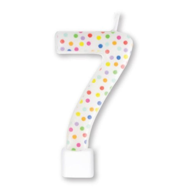 Vibrant Candle Numeral #7 with rainbow dots, perfect for birthdays and celebrations, measuring 8cm.