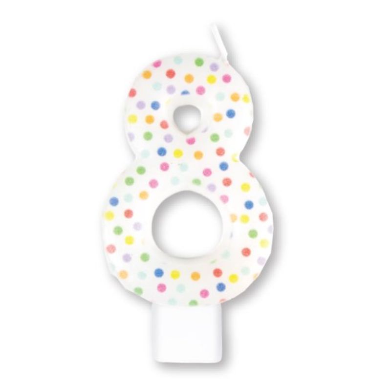 Colorful #8 candle with rainbow dots, 8cm tall, perfect for birthdays and celebrations, made from eco-friendly materials.