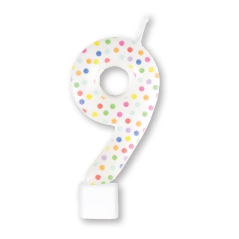 Colorful Candle Numeral #9 with rainbow dots for birthday cakes, measuring 8cm, perfect for celebrations.