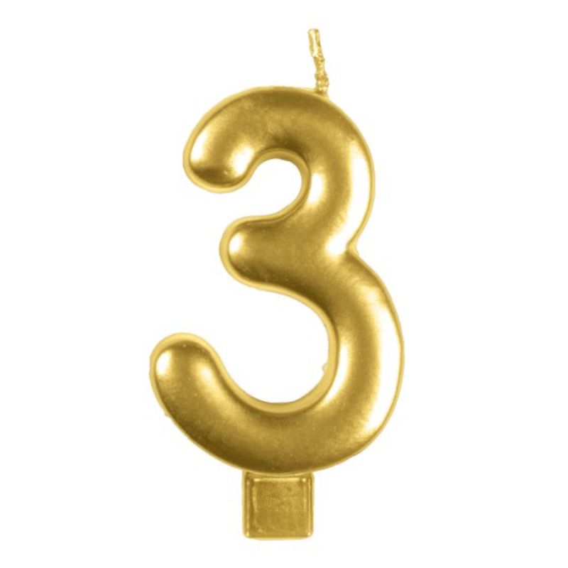Gold moulded numeral candle in shape of '3', perfect for birthdays and celebrations, measuring 8cm, elegant design.