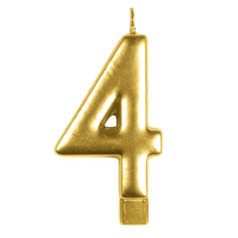 Elegant gold numeral candle #4, perfect for celebrations, measuring 8cm, safe for cakes and burns brightly.