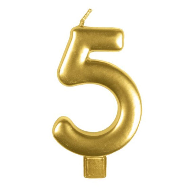 Elegant gold #5 numeral candle, 8cm tall, perfect for birthdays and special occasions, adding charm to any dessert display.