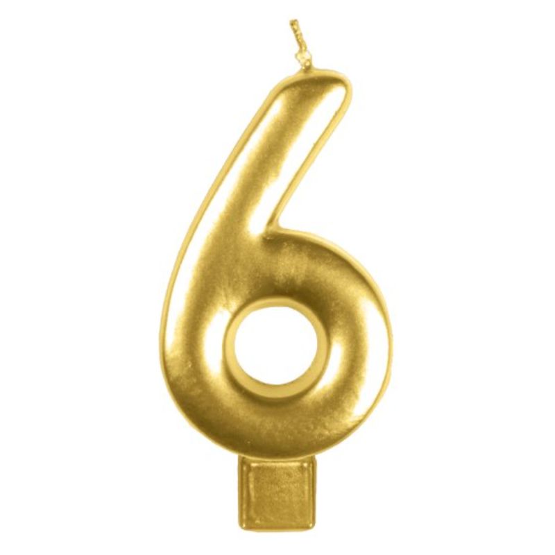 Elegant gold #6 numeral candle, 8cm, perfect for birthdays and celebrations, adding charm to desserts.