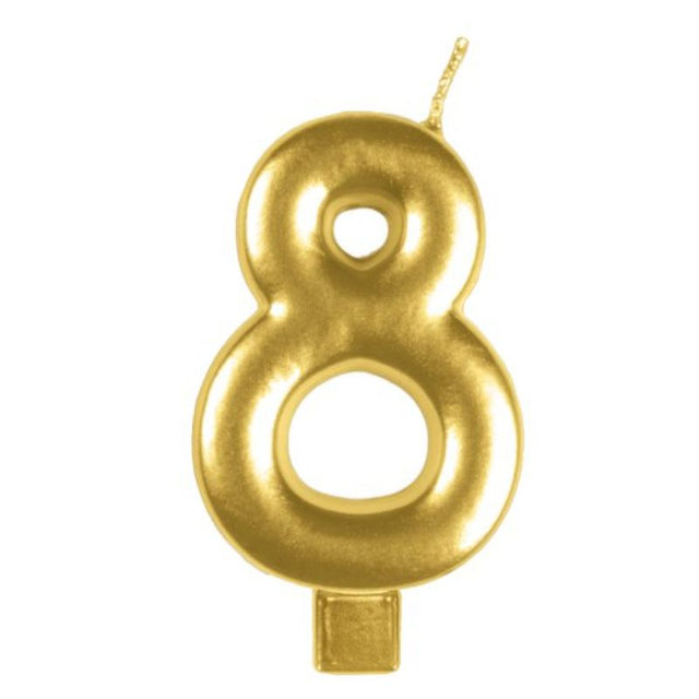 Elegant gold #8 candle, 8cm tall, perfect for birthdays and celebrations, adding charm to any cake design.