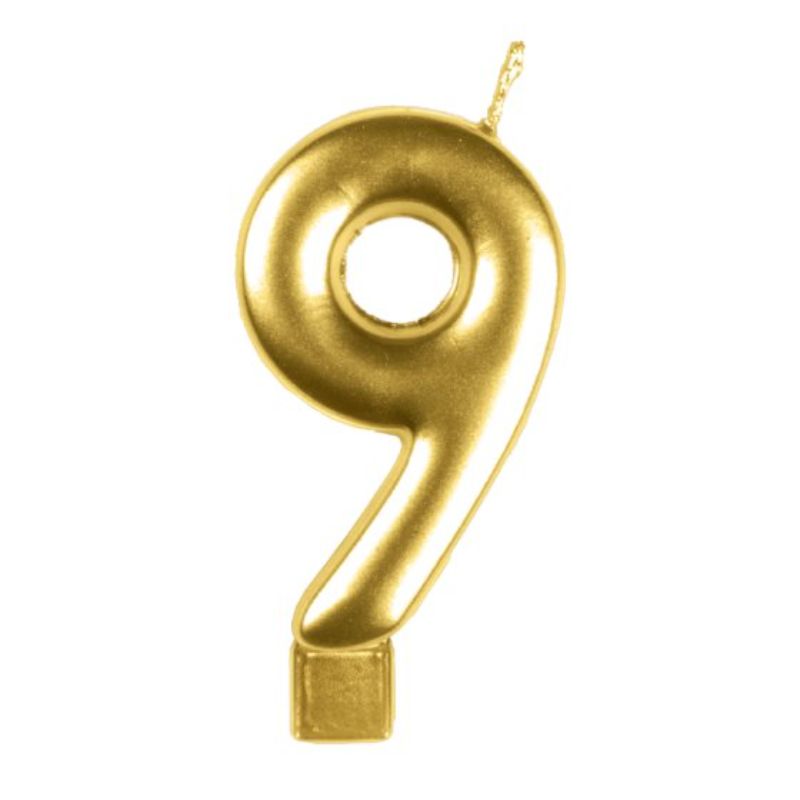 Gold #9 numeral candle, 8cm tall, perfect for birthday celebrations and special occasions.