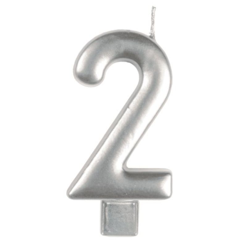 Elegant silver #2 numeral candle, 8cm tall, perfect for birthdays and celebrations, handcrafted for a delightful glow.