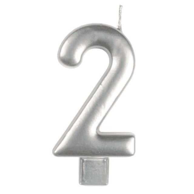 Elegant silver #2 numeral candle, 8cm tall, perfect for birthdays and celebrations, handcrafted for a delightful glow.