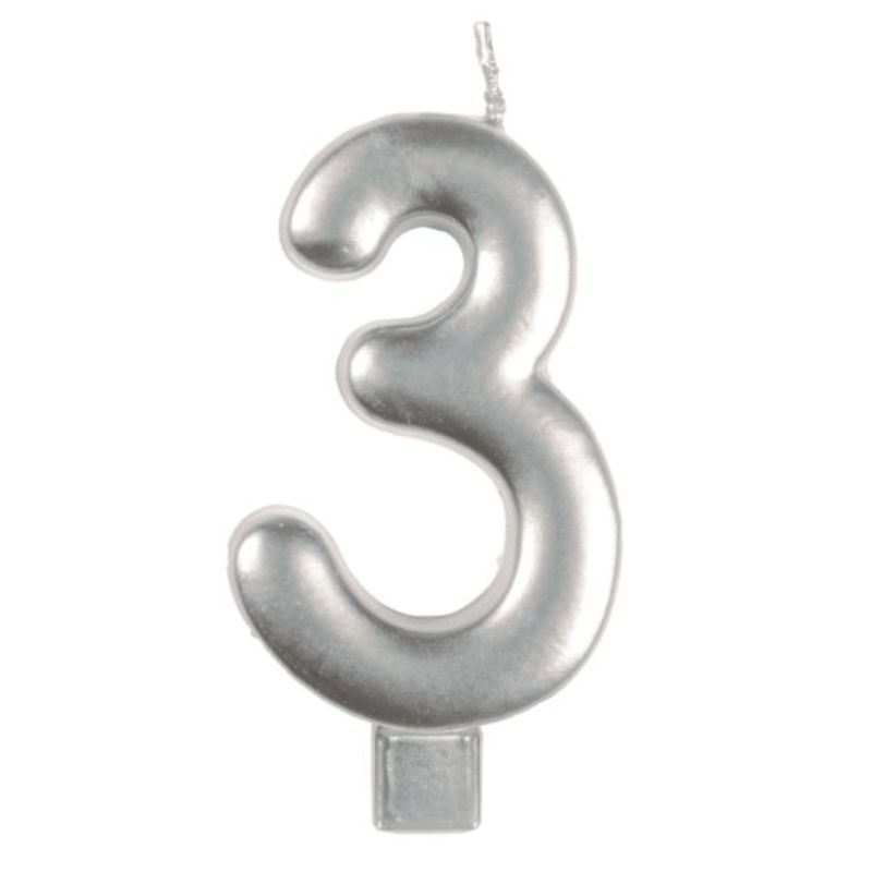 Elegant silver numeral candle #3 for birthdays and celebrations, measuring 8cm, burns cleanly and adds sophistication.
